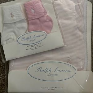 NWT Ralph Lauren baby booties and receiving blanket